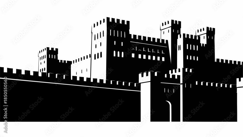 Obraz premium Imposing Medieval Castle Fortress Silhouette with Battlements.
