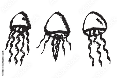 Set of hand drawn jellyfish doodle Sea animal illustration Cute marine underwater creature Medusa sketch clipart Single element for web, design, decor, children's print