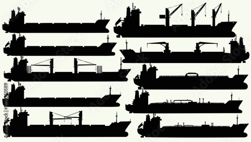 Collection of Cargo Ship Silhouettes for Industrial and Transportation Themes.