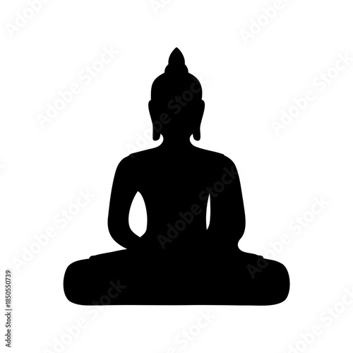 Black Silhouette of Buddha in Meditation Pose on White Background