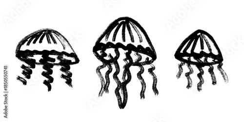 Set of hand drawn jellyfish doodle Sea animal illustration Cute marine underwater creature Medusa sketch clipart Single element for web, design, decor, children's print