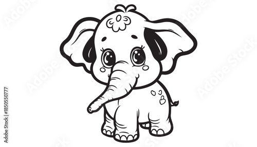 Vector illustration of cartoon elephant black and white drawing For children to learn to color according to the picture.