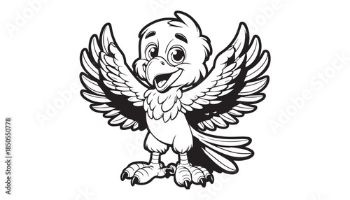 Vector illustration of cartoon bird waving wing greeting black and white drawing For children to learn to color according to the picture.