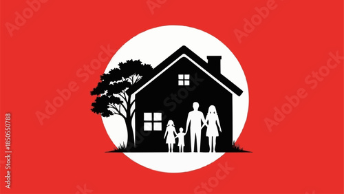 Family Silhouette in Front of House with Tree.
