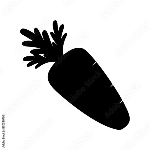 Monochrome illustration of an organic carrot vegetable with green leaves silhouette