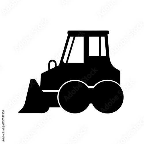 Bold black silhouette of a small snowplow with unique tire design