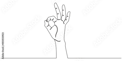 Continuous one line drawing of hand showing okay or perfect gesture. Learn to count numbers. Nonverbal signs or symbols. Vector editable illustration.	
