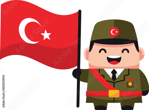 Smiling cartoon soldier joyfully participates in a vibrant cultural celebration, proudly waving the national flag, symbolizing patriotism and national pride