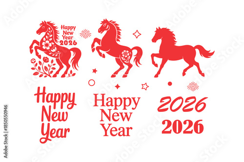 Happy New Year 2026 horse vector set, festive red design vector illustration