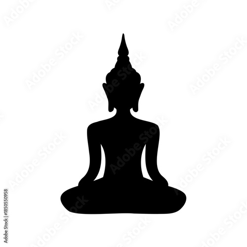A black silhouette of Buddha sitting in the lotus position on white