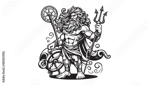 Vector illustration of cartoon Poseidon God black and white drawing For children to learn to color according to the picture.
