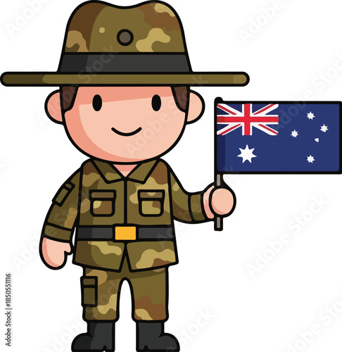 Charming cartoon soldier proudly displays the Australian flag, symbolizing patriotism and military service, a friendly character for various national celebrations and design projects
