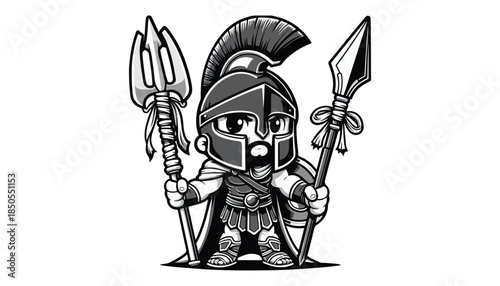 Vector illustration of cartoon spartan worrior black and white drawing For children to learn to color according to the picture.