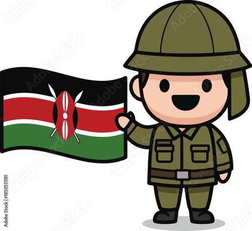 Cute cartoon soldier holding the flag of Kenya with a proud expression, celebrating national pride and patriotism