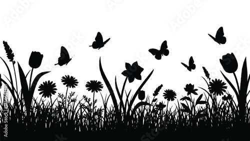 Silhouette of blooming wildflowers and fluttering butterflies in a meadow on a white background