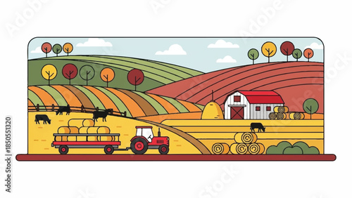 Vibrant autumn farm landscape illustration with a tractor, barn, and grazing cows in rolling fields, celebrating harvest