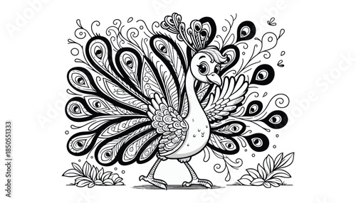 Vector illustration of cartoon peacock waving wing greeting black and white drawing For children to learn to color according to the picture.