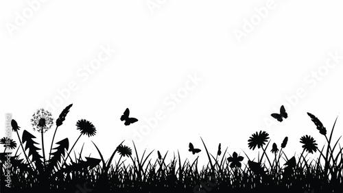 Silhouette of a meadow with grass, flowers, and butterflies against a white background, perfect for nature and spring themes