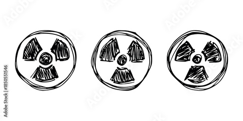 Set of hand drawn radiation sign Nuclear radiation hazard symbol Radioactive danger warning doodle Radioactive waste Single element for print, web, design, decor