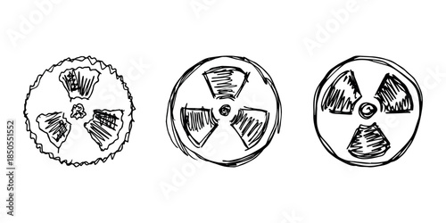 Set of hand drawn radiation sign Nuclear radiation hazard symbol Radioactive danger warning doodle Radioactive waste Single element for print, web, design, decor