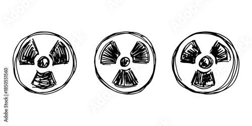 Set of hand drawn radiation sign Nuclear radiation hazard symbol Radioactive danger warning doodle Radioactive waste Single element for print, web, design, decor