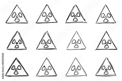 Set of hand drawn radiation sign Nuclear radiation hazard symbol Radioactive danger warning doodle Radioactive waste Single element for print, web, design, decor