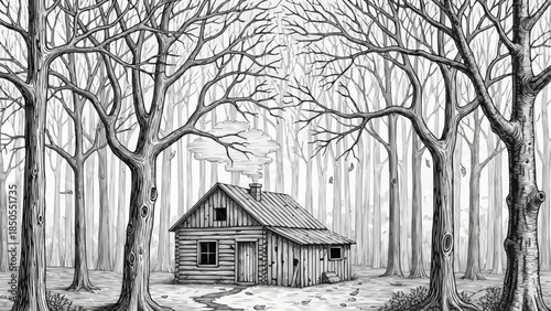 Rustic wooden cabin nestled amongst bare trees in a forest setting.