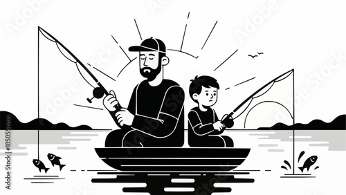Father and son fishing together in a boat.