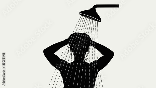 Silhouette of a person showering under a shower head.