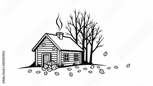 Rustic Log Cabin with Autumn Leaves and Smoke from Chimney.