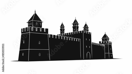 Silhouette of a Medieval Castle with Towers and Battlements.