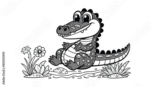 Vector illustration of cartoon crocodile black and white drawing For children to learn to color according to the picture.