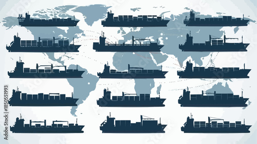 Collection of Cargo Ships Silhouettes on World Map Background.