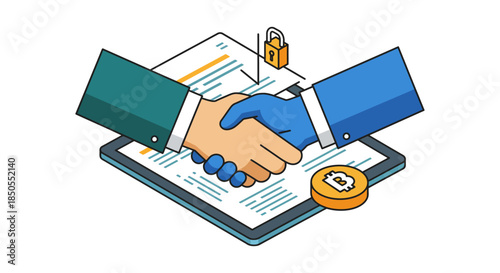 blockchain smart contract agreement with handshake over digital tablet and bitcoin coin icon illustrating secure crypto business deal