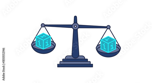 balanced scale with equal data blocks flat vector illustration of fairness and algorithmic transparency for ai ethics and law concepts
