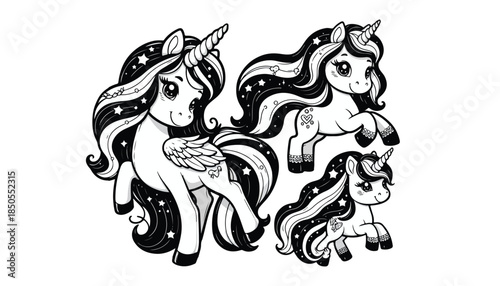 Vector illustration of cartoon Unicorn horse black and white drawing For children to learn to color according to the picture.