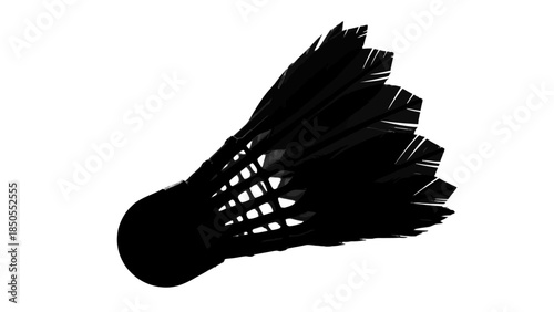 Black badminton shuttlecock, detailed feathered design, sports equipment, isolated white background.
