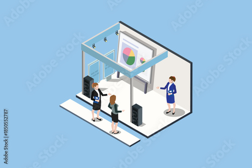 Isometric stand for press conference with presentation screen, equipped with speakers in front of journalists. The audience listens to the leader in the conference room   