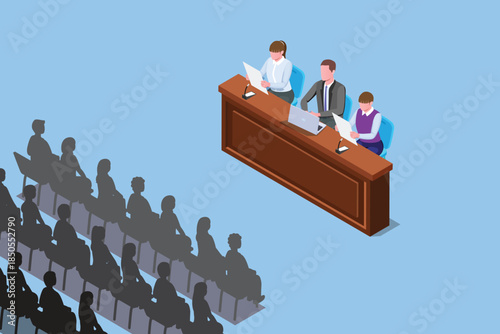 modern Isometric stand for press conference with microphones, equipped place for the speaker in front of Audience