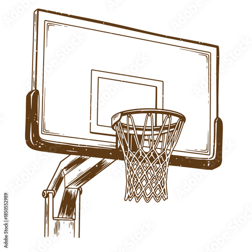 Artistic sketch vintage illustration of a basketball hoop with net and backboard design