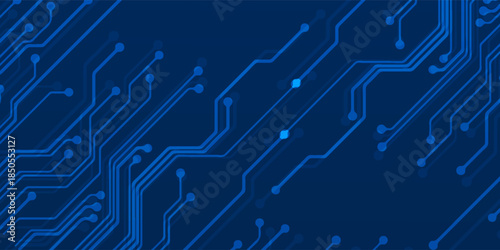 VectorAI circuit board background. Technology connected blue lines with electronics elements on tech bg. Computer motherboard with a chip, processor, and semiconductor. modern