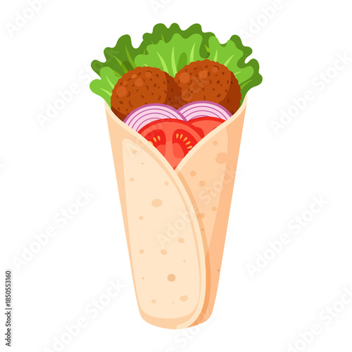 Two golden-brown falafel balls rest against crisp lettuce, fresh tomato slices, and purple onion rings, all tightly swaddled in a soft, speckled pita wrap in this colorful vector illustration