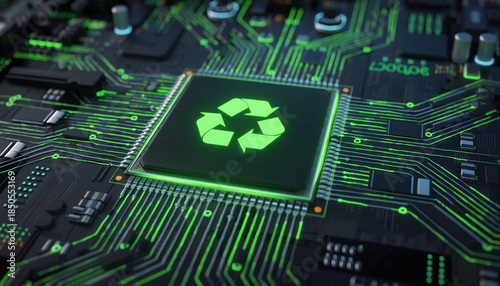 Green Recycling Symbol Integrated into Advanced Circuit Board Representing Sustainable Technology, Eco-Friendly Computing, and Environmental Innovation