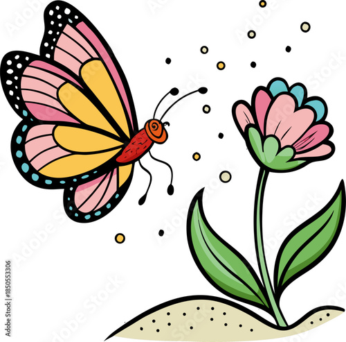 Colored line art vector of a butterfly just taking off from a flower, with pollen dust visible on its legs. Action shot, white background.