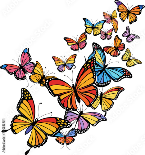 Colored line art vector showing a magnificent migration scene with many Monarch butterflies flying in the same direction. White background.