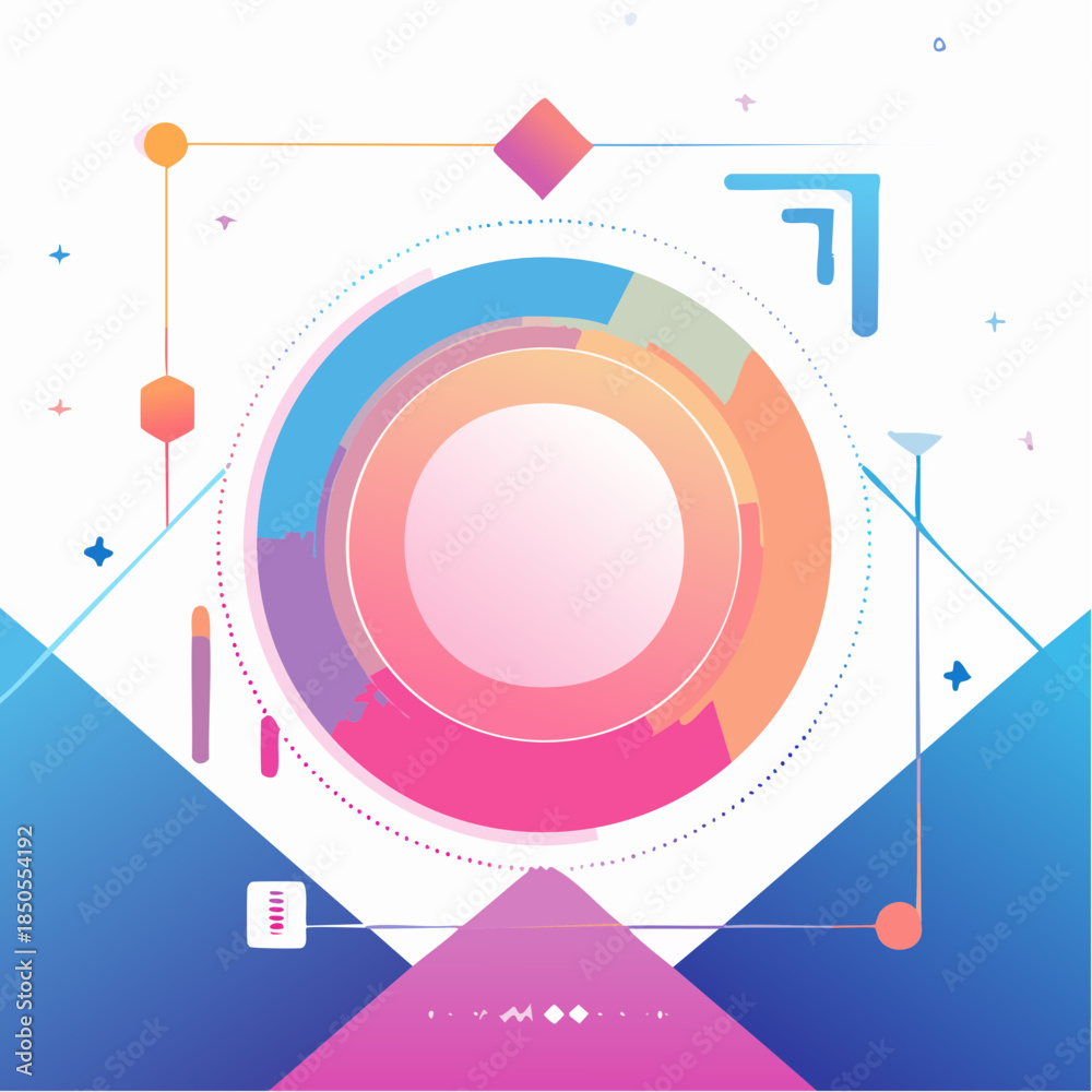Obraz premium A vibrant abstract graphic design featuring a central circular element with colorful concentric rings and geometric shapes.