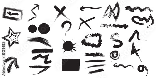 A collection of various black abstract shapes and symbols on a white background