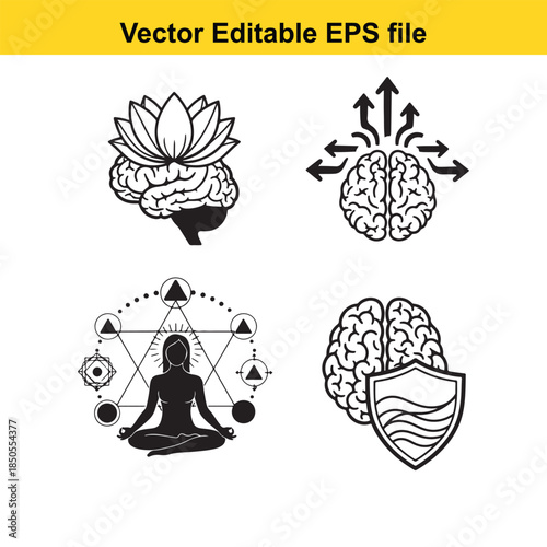  black and white vector illustrations of brain and meditation symbols in editable eps format for various design uses online
