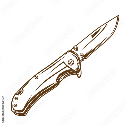 Detailed brown sketch illustration of a folding knife with a sharp blade on white background