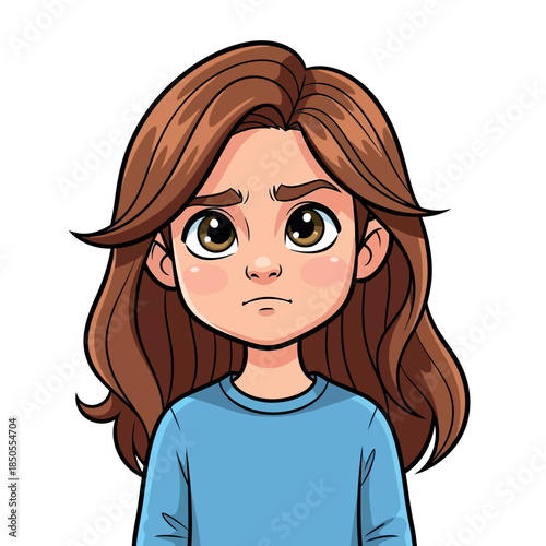 Sad little girl with brown hair looks unhappy and worried